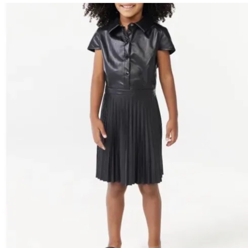 Scoop NYC Girls Short Sleeve Pleated Black Faux Leather Dress Medium (7-8) NEW